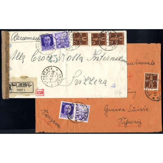 1944, due lettere di cui una raccomandata per la Svizzera affrancate per 2,75 l. con Sass. A12,PG9 l&acute;una e Sass. A12(3),PG9 l&acute;altra