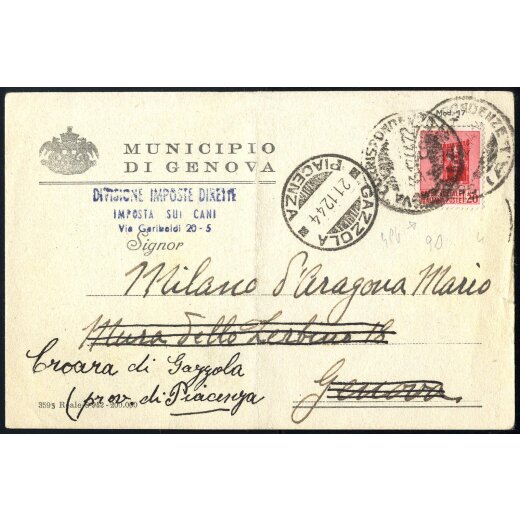 1944, cartolina da Genova il 16.12. per citt? affrancata con Sass. 496 rispedita a Gazzola