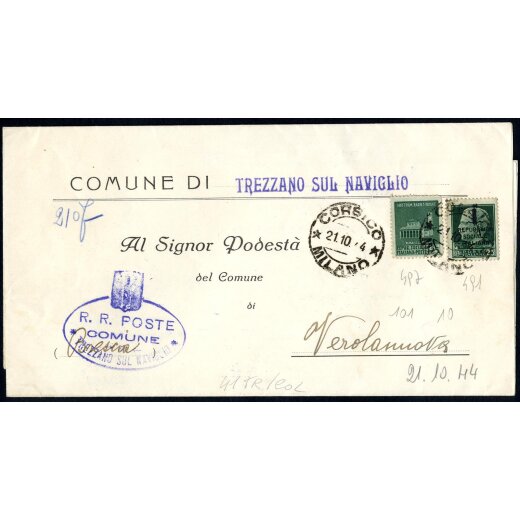 1944, lettera tariffa ridotta tra sindaci da Corsico il 21.10. affrancata per 50 c. con Sass. 491,497