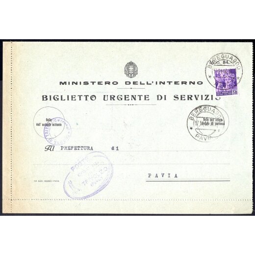 1944, &quot;Biglietto urgente di servizio&quot; da Bereguardo il 17.11. per Pavia affrancato con Sass. 507