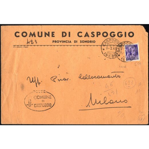1945, lettera fra sindaci da Caspoggio il 1.3. per Milano affrancata con Sass. 507 e tassata sul verso con coppia del Sass. 505