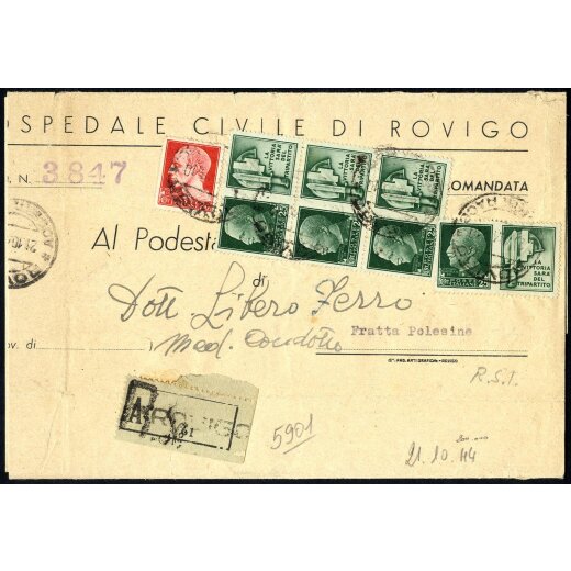 1944, lettera raccomandata aperta da Rovigo il 21.10. per Fratta Polesine affrancata per 1,20 l. con Sass. 247,PG4(4)