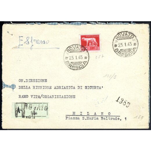 1945, lettera raccomandata espresso da Rovato il 23.1. per Milano affrancata per 5 l. con Sass. 257
