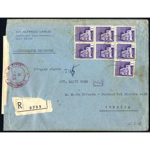 1945, lettera raccomandata espresso da Milano il 12.2. per Venezia affrancata per 7 l. con Sass. 509(7) censurata