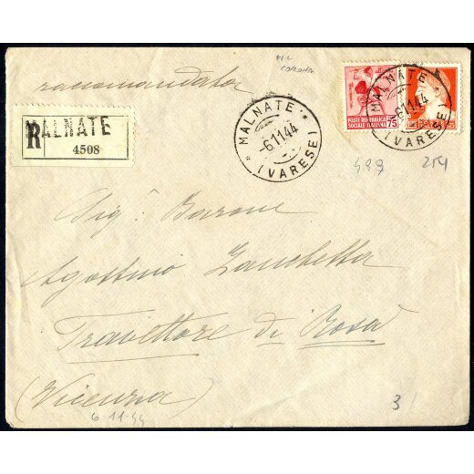 1944, lettera raccomandata da Malnate il 6.11. per Ros? affrancata per 2,5 l. con Sass. 254,499