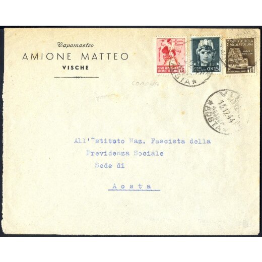 1944, lettera da Vische il 13.12. per Aosta affrancata per 1 l. con Sass. 246,499,503