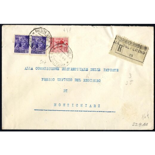 1944, lettera raccomandata da Brescia il 22.9. per Montichiari affrancata per 1,75 l. con Sass. 499,507(2)