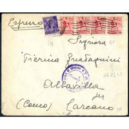 1945, lettera espresso da Milano il 6.3. per Carcano affrancata per 3,5 l. con Sass. 499(4),507 censurata