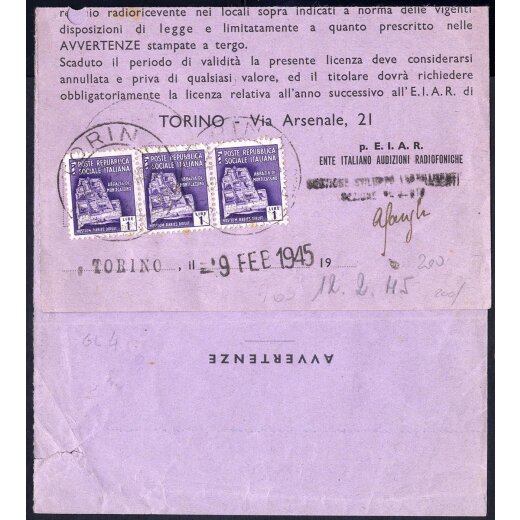 1945, licenza alle radioaudizioni affrancata per 3 l. con Sass. 509(3) timbrati Torino il 9.2.