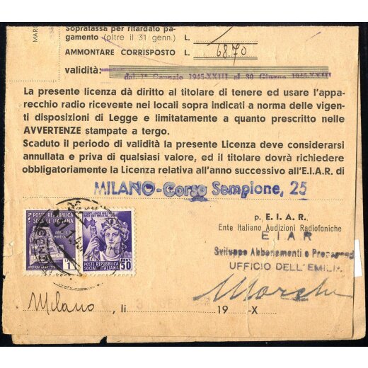 1945, licenza alle radioaudizioni affrancata per 1,50 l. con Sass. 507,509 timbrati Milano 31.1. stemma Sabaudo cancellato