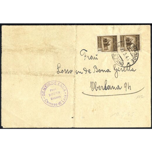 1945, documento per il distretto da Lana d´Adige il 10.3. affrancata per 10 c. con Sass. 502(2)