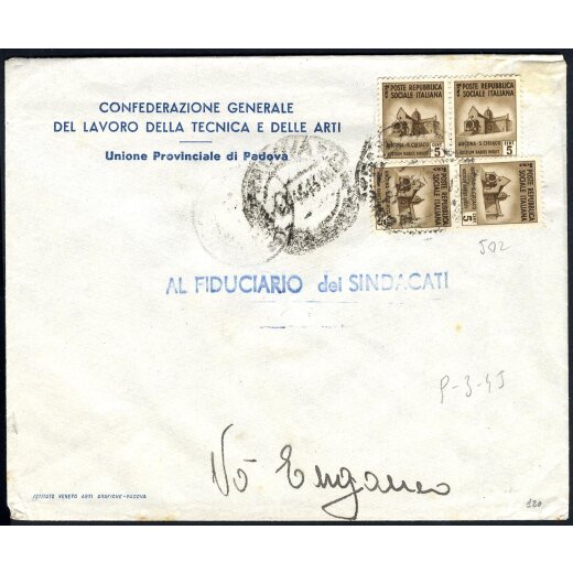 1945, lettera stampe da Padova il 9.3. affrancata per 20 c. con Sass. 502(4)