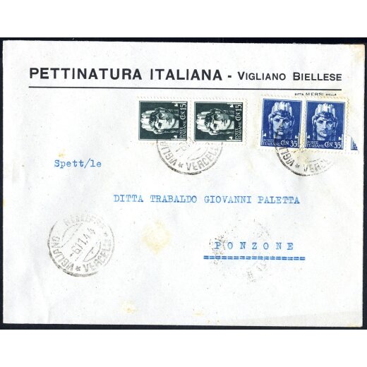 1944, lettera da Vigiliano Biellese 6.11. per Ponzone affrancata per 1 l. con Sass. 246(2),250(2)