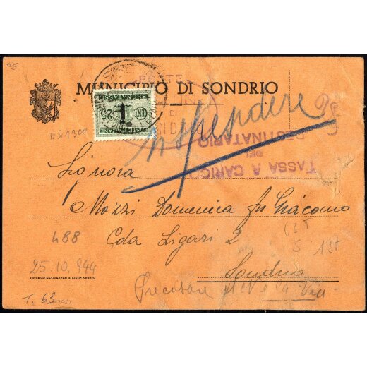 1944, cartolina con tassa a carico da Sondrio il 25.10 per citt? tassata per 25 c. con Sass. T63