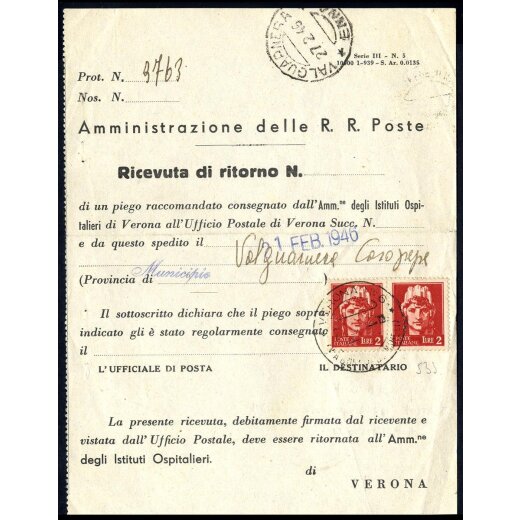 1946, Ricevuta di ritorno da Verona 21.2.1946 affrancata con coppia Sass. 533