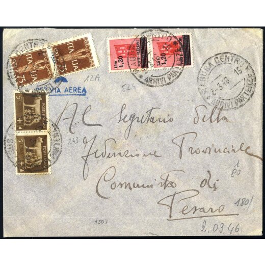 1946, Lettera da Ragusa 2.3.1946 affrancata con Sass. 243x2 + 524x2 + A12x2