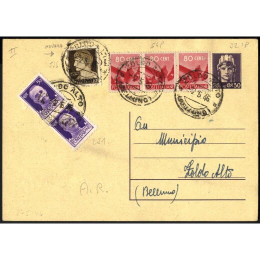 1946, Cartolina postale 50 Cent. + coppia 50 Cent. Imperiale + 10 Cent. Luogotenenza + striscia di tre 80 Cent. Democratica usata come avviso di ricevimento (Sass. 251+536+549)