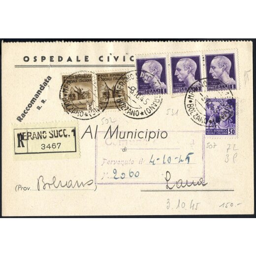 1945, Modulo raccomandato R. R. da Merano 3.10.1945 per Lana affrancatp per 3,60 Lire con Sass. 502x2 + 507 + 531x3