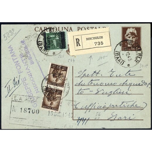 1945, Cartolina postale 1,20 Lire + Sass. 525 + 544x2 da Bisceglie 17.12.1945 per Bari, insolito uso al Sud