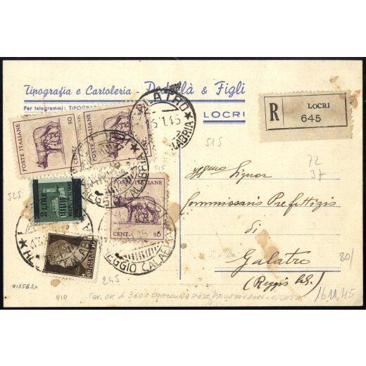 1945, Cartolina raccomandata da Locri 13.11.1945 per Galatro affrancata per 3,60 Lire con Sass. 245 + 515x3 + 525