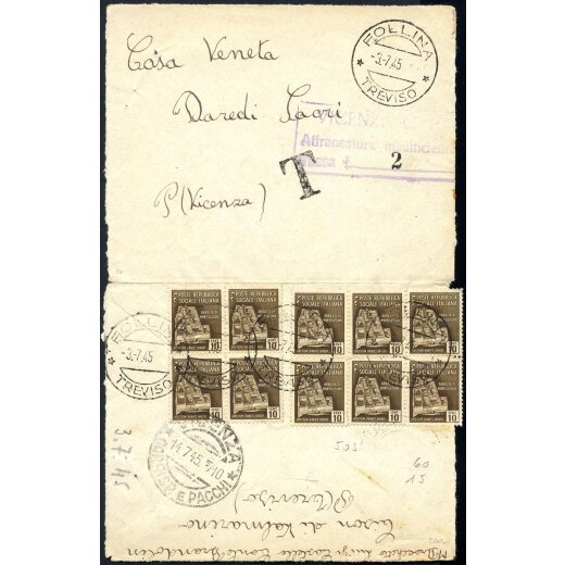 1945, Lettera da Follina 3.7.1945 per Vicenza affrancata insufficientemente con quartina e blocco di sei 10 Cent. Monumenti, tassata a Vicenza per 2 Lire (Sass. 503)