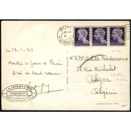 1946,Cartolina da Roma 14.10.1946 per Algeri affrancata con Sass. 531x3