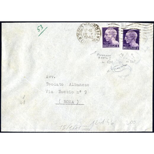 1946, "Valori gemelli", 1 Lira ruota, emissione di Roma, e 1 Lira senza filigrana, emissione di Novara, su lettera da Milano 12.1.1946, firm. Raybaudi + E. Diena (Sass. 531+540)
