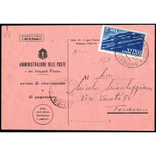 1945, Avviso di ricevimento da Teramo 13.4.1945 affrancato con 2 Lire posta aerea (Sass. A15)