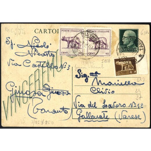 1945, Cartolina postale 25 Cent. + Sass. 243 + 515Ax2 da Ginosa 19.6.1945 per Gallarate