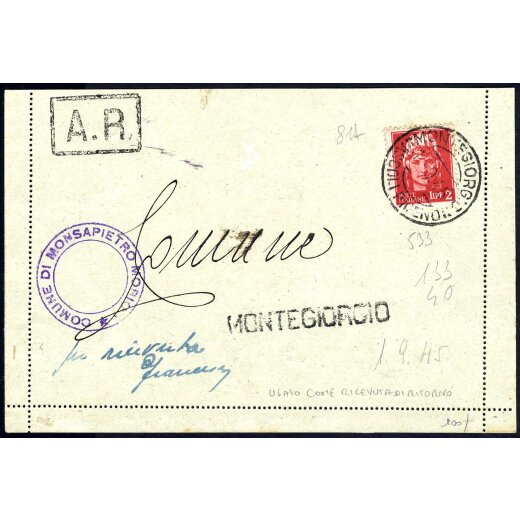 1945, Parte di biglietto postale usato come ricevuta di ritorno da Montegiorgio 1.9.1945 affrancato con 2 Lire, emissione di Roma (Sass. 533)