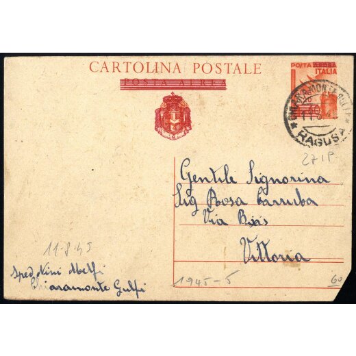 1945, Cartolina postale aerea 1,20 su 60 Cent.da Chiaramonte Gulfi 11.8.1945 per Vittoria, un angolo accorciato (C118)