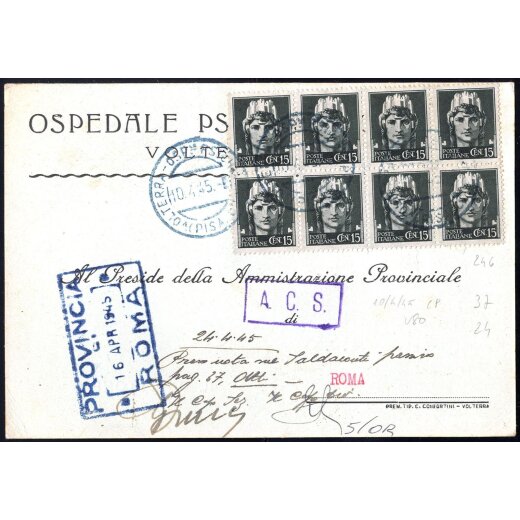 1945, Imperiale, 15 Cent., blocco di otto su cartolina da Volterra 10.4.1945 per Roma (Sass. 246)