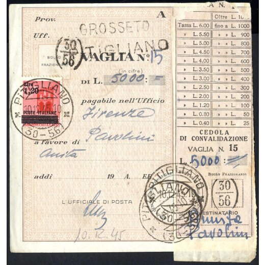 1945, Vaglia emesso a Ritagliano 10.12.1945 affrancato con 1,20 Lire su 20 Cent. (Sass. 524)