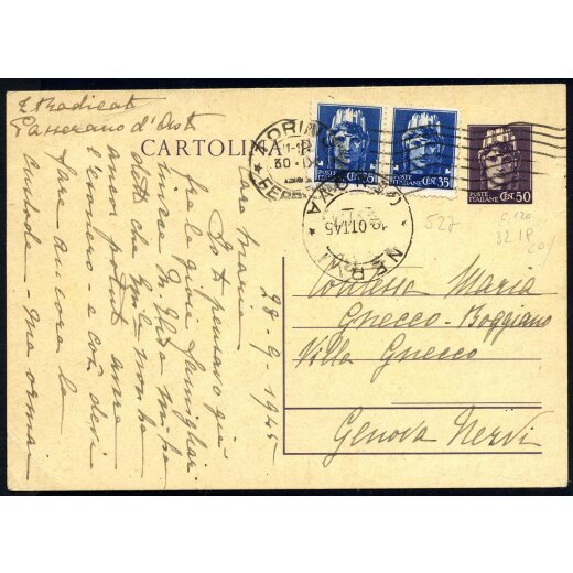 1945, cartolina postale da 50 c. Imperiale da Torino il 28.9. per Nervi affrancata per 1,2 l. con Sass. 527(2) Filagrano C120