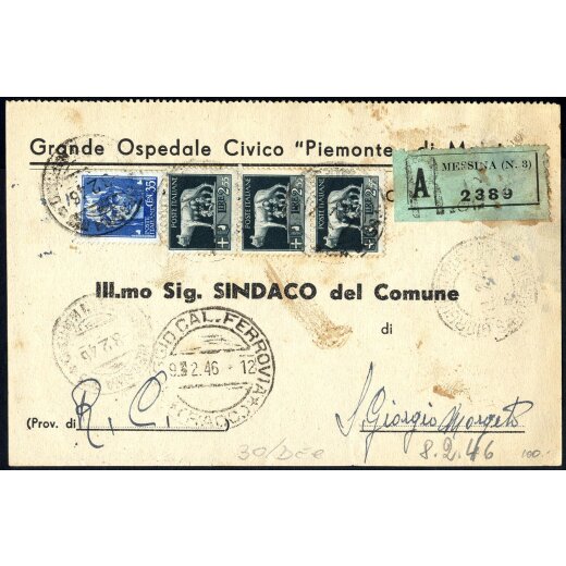 1946, cartolina raccomandata da Messina il 8.2. per S. Giorgio Morgeto affrancata per 8 l. con Sass. 250,256(3)