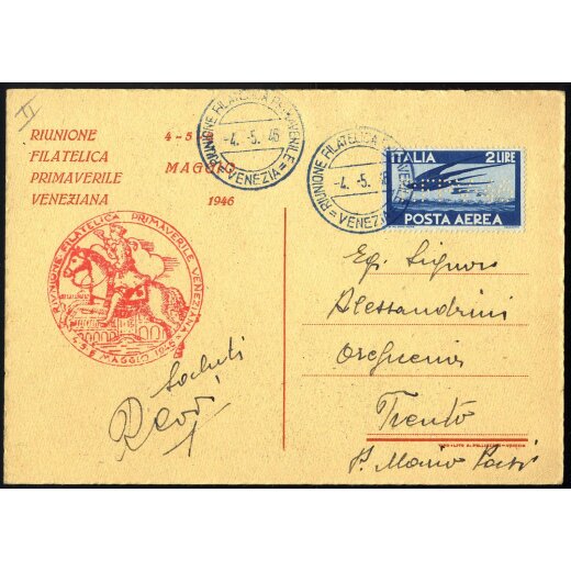 1946, cartolina della riunione filatelica primaverile veneziana affrancata con PA 2 l. con perforazione RFPV 46 il 4.5. per Trento, Sass. A127