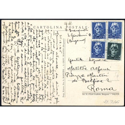 1945, cartolina illustrata da S. Giovanni Bianco il 31.7. per Roma affrancata per 1,2 l. con Sass. 526,527(3)
