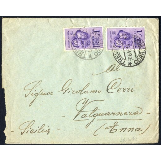 1945, lettera da Treviso il 20.7. per Valguarnera affrancata per 2 l. con Sass. 513(2)