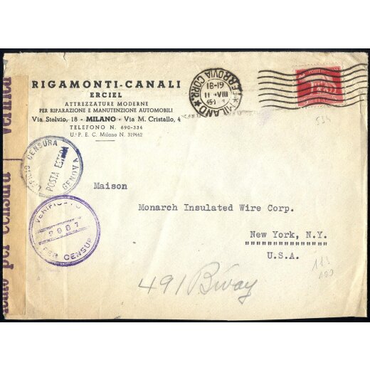 1945, lettera da Milano il 11.8. per New York (USA) affrancata con Sass. 534 censurata