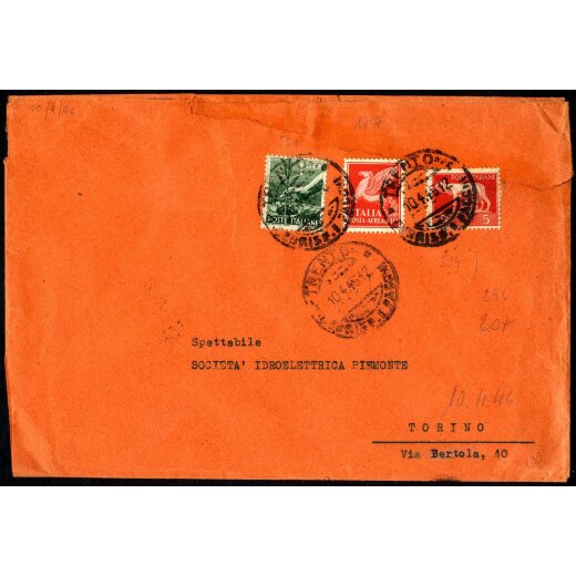 1946, lettera da Trento il 10.4. per Torino affrancata per 16 l. con Sass. A17,534,551