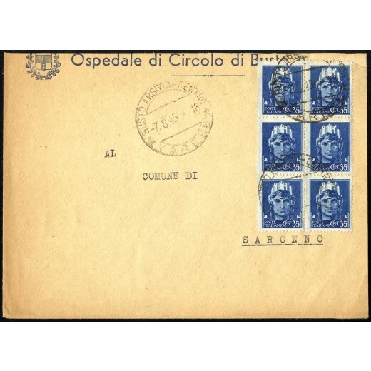1945, lettera da Busto Arsizio il 7.8. per Saronno affrancata per 2,10 l. con Sass. 527(6), 10 c. di troppo