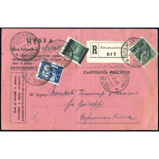 1946, cartolina raccomandata da Ripatransone il 14.2. per Capramarittima affrancata per 8 l. con Sass. 525,550,555
