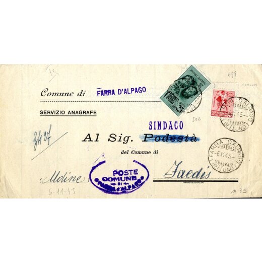 1945, lettera da Farra D´Alpago il 6.11. per Faedis affrancata per 1 l. con Sass. 499,512