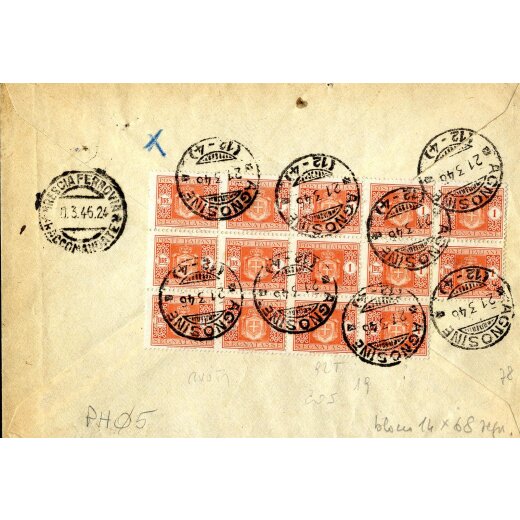 1946, lettera raccomandata tassa a carico da Brescia il 20.3. per Agnosine tassata sul verso per 14 l. con Sass. T92(14)