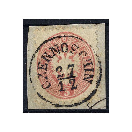 1864, "CZERNOSCHIN 27 / 12", Einkreisstempel auf 5 Kr. auf Briefstück (Mü. 474b / 35P.)