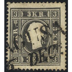 1858, 3 Kr. schwarz, Type Ic, Eckzahnbug li. oben, Befund...
