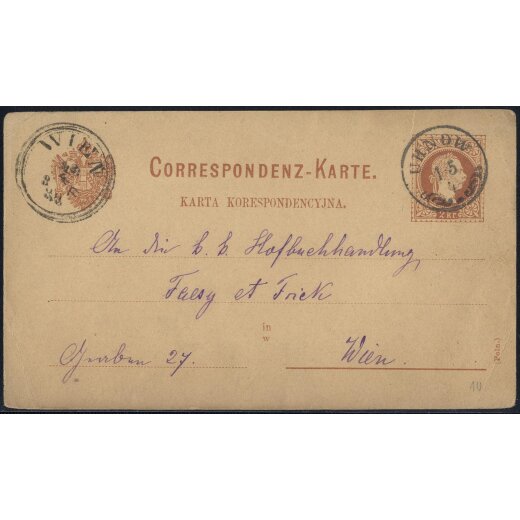 1880, "UHNOW 15 / 4", Einkreisstempel auf brauner 2 Kr. Korrespondenzkarte nach Wien (Mü. 3819a / 40P.)