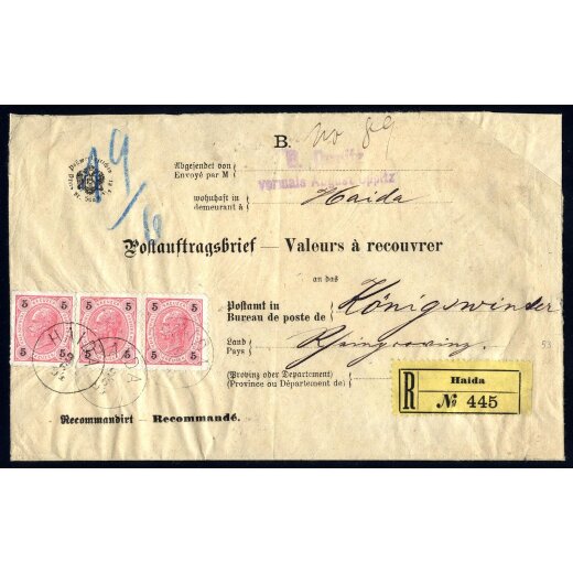1894, rekommandierter Postauftragsbrief vom 9.6.1894 von Haida nach Königswinter, frankiert mit einem Dreierstreifen 5 Kr. rot auf Faserpapier, sauber übergehend gestempelt "HAIDA, 9/6/94", (ANK. 53, Fe. 150 €).