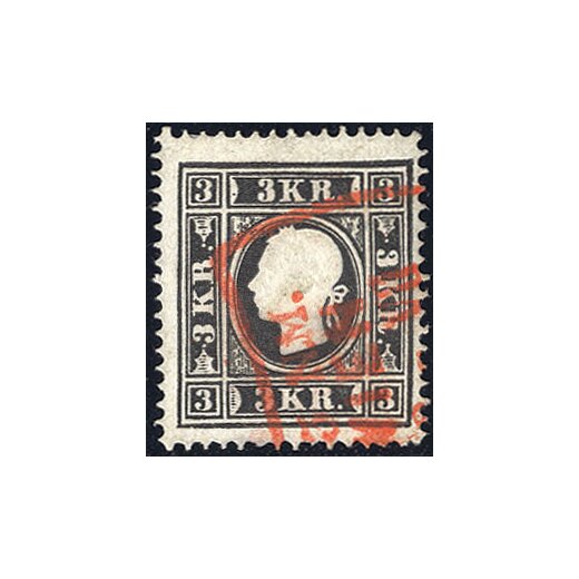 1859, 3 Kr. schwarz, Type II, roter Teilstempel von Wien, Pracht, Befund Steiner VÖB (ANK 11IIa - U. 12)