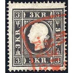 1859, 3 Kr. schwarz, Type II, roter Teilstempel von Wien,...